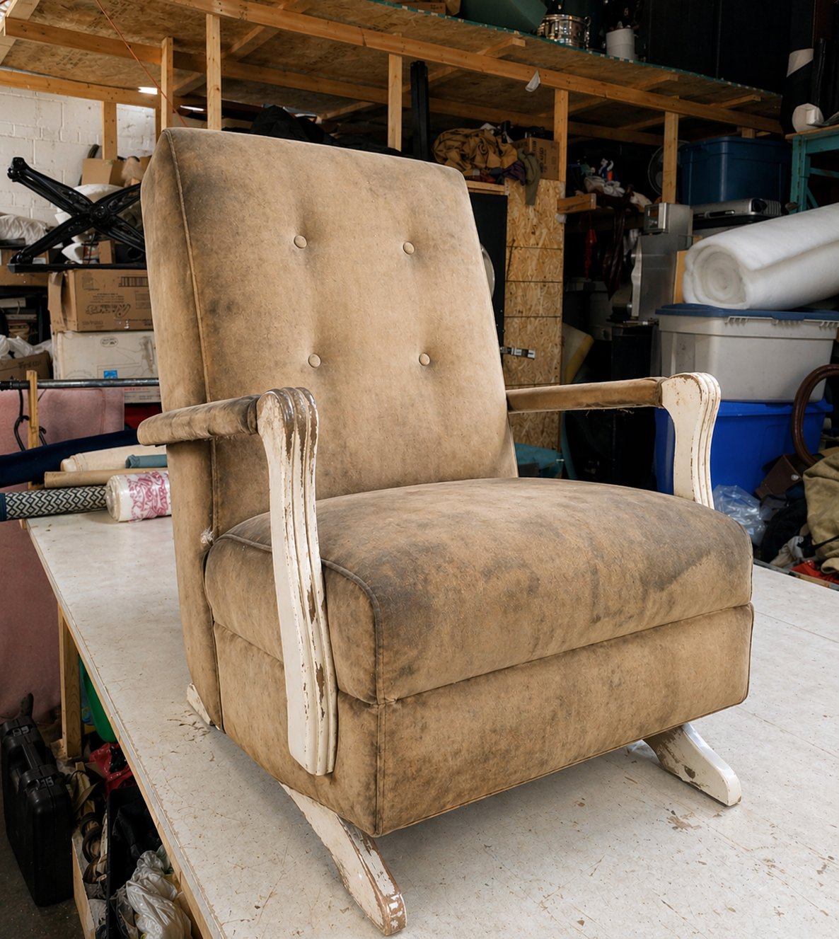 Before upholstery restoration example showing worn furniture